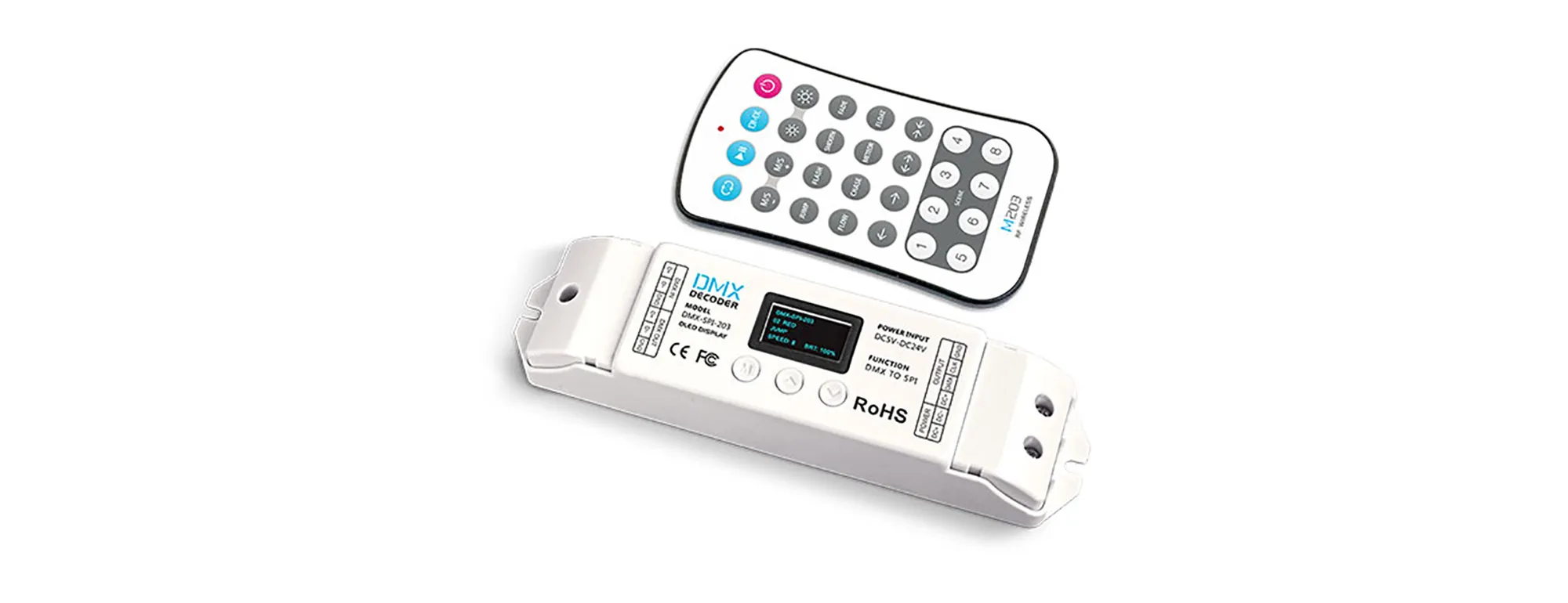 DMX-SPI-203+M203  DMX to SPI Converter OLED Display with M203 remote, Change Mode: 540, DMX Manage Mode: 6CH, DMX Decode Mode: 510CH, 5/12/24V DC, Remote CR2032 battery, RF 2.4GHz, IP44.